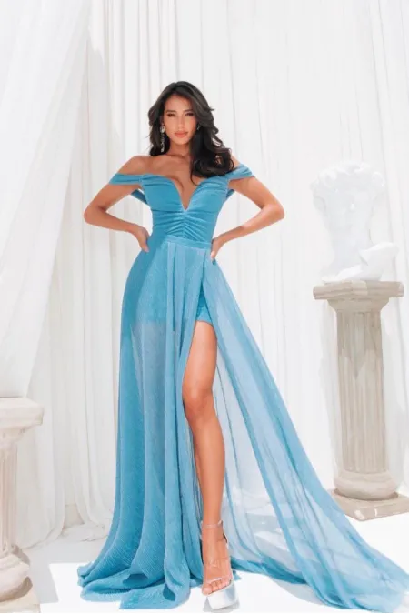 Vestido Longo 2 Em 1 Com Saia Longa Fluída Com Fenda Alta Azul Serenity