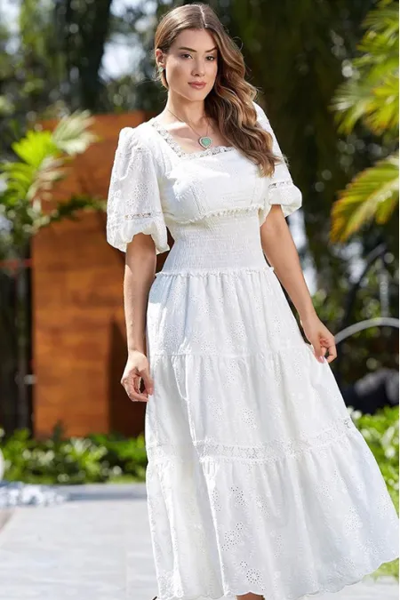 Vestido Longo Off White Em Laise De Algodão